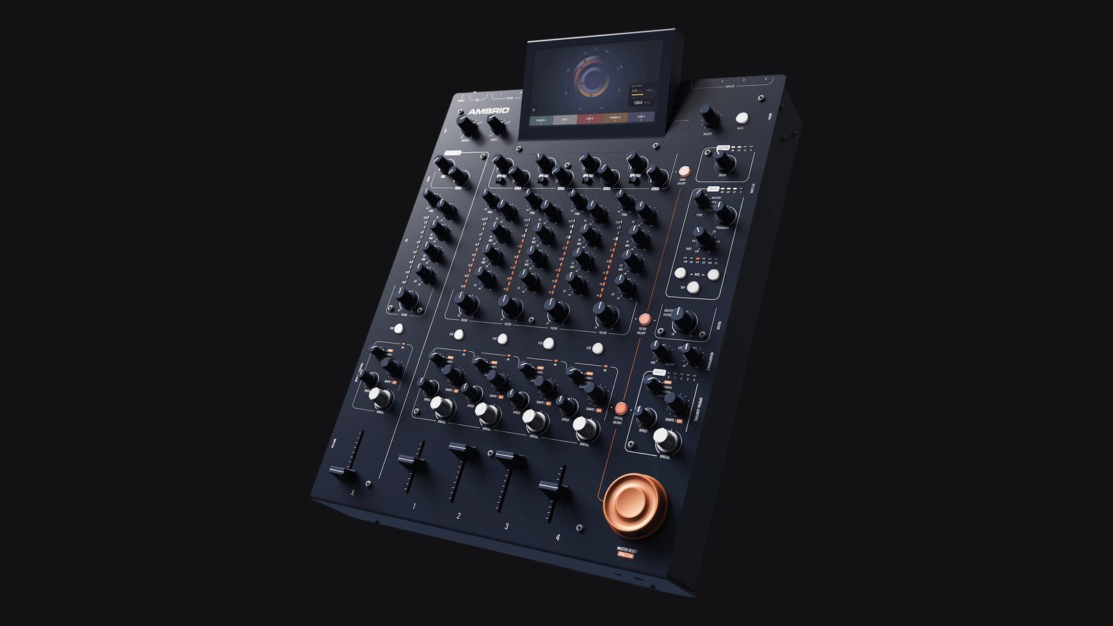 Angled product render of Ambrio's Spatial Performance Mixer.