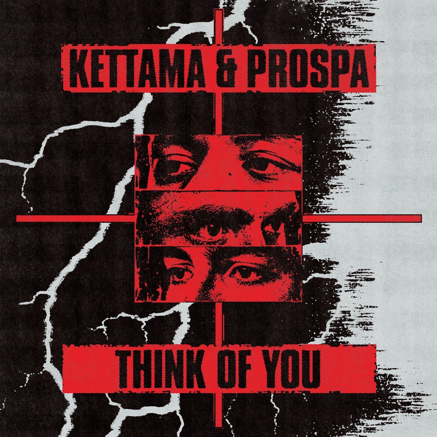 Cover art for "Think of You" by Kettama and Prospa, No. 1 in the Beatport Top 10, red and black with three strips of eyes.