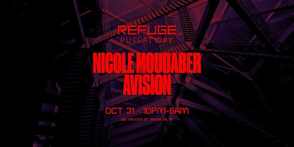 PURGATORY flyer for Nicole Moudaber and Avision at Refuge, Brooklyn, on Oct 31, in red on purple.