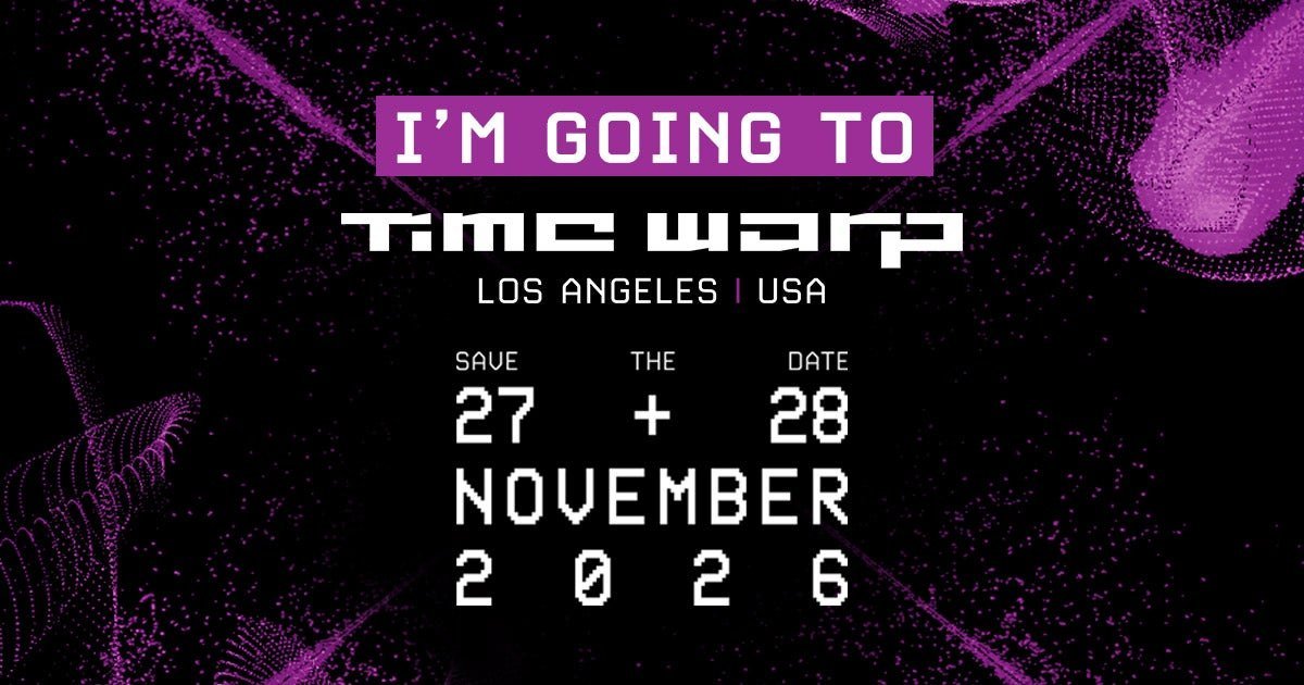 Purple save-the-date graphic for Time Warp Los Angeles on 27 and 28 November 2026.